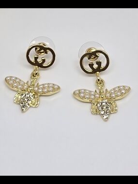 Gold Pearl & Crystal Bee Drop Earrings